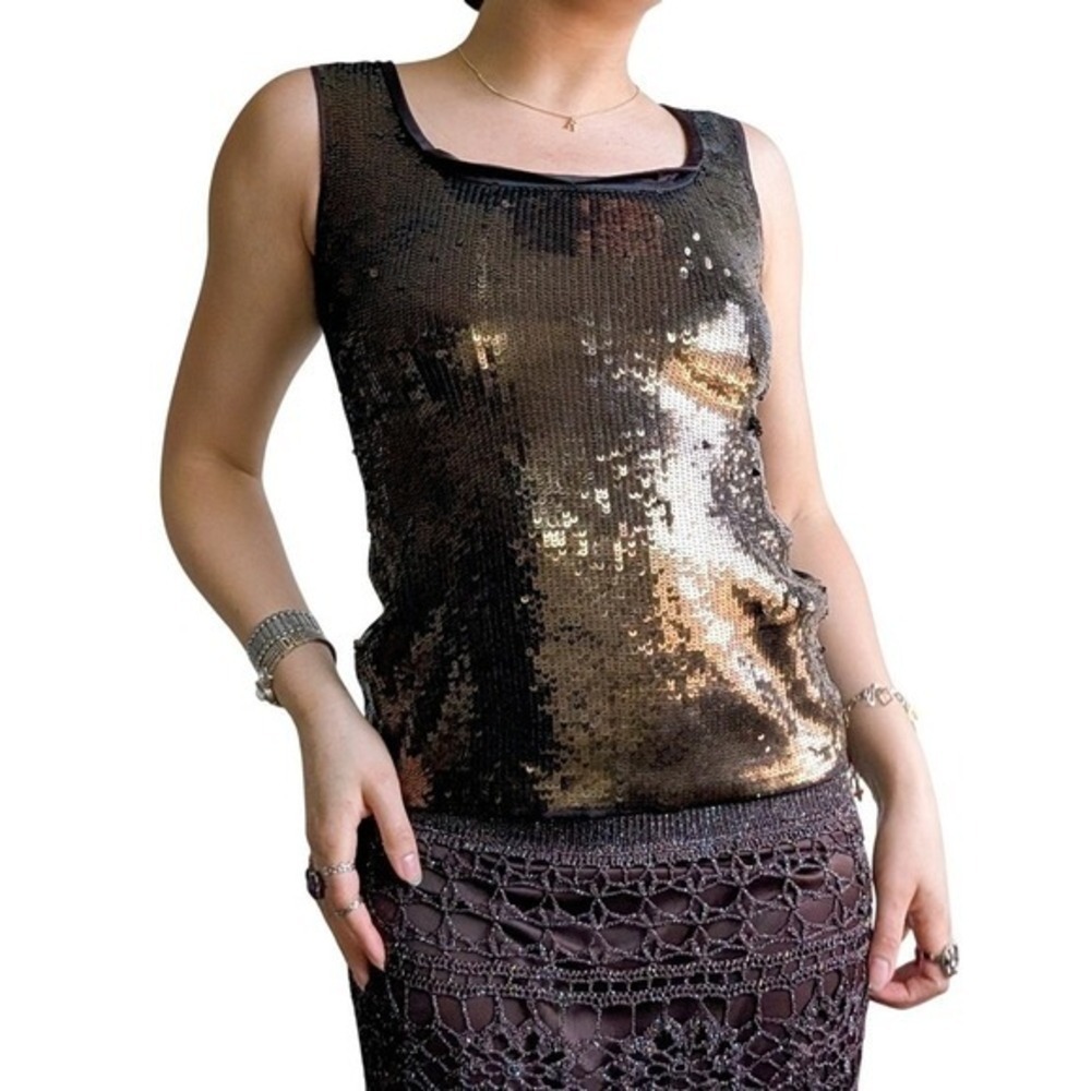 Elie Tahari Vintage Y2K Maximalism Party Top Brown Bronze Sequins Silk Tank Top